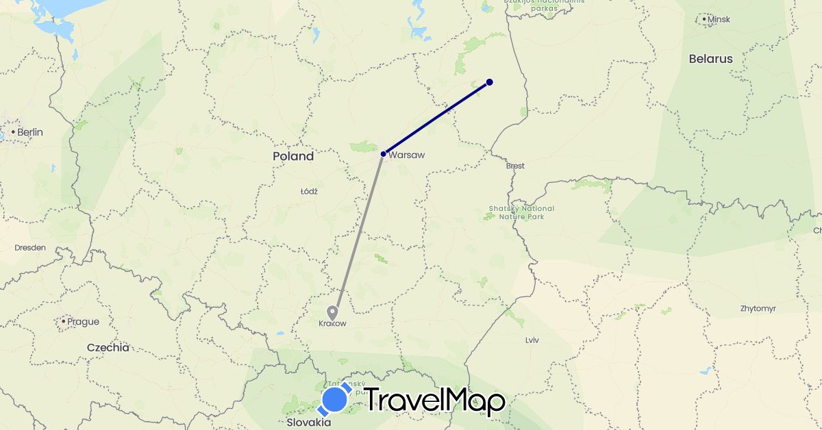 TravelMap itinerary: driving, plane in Poland (Europe)